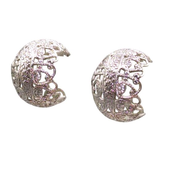 Lacy Filigree Hoop Earrings Vintage Segal of California Silver Tone Clip On Hoop - Picture 3 of 4